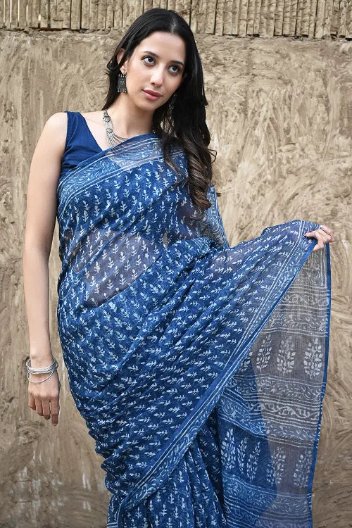 The ICH Dabu Vibes : Hand Block Printed Kota Doria Saree - Meghbel