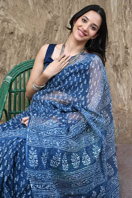 The ICH Dabu Vibes : Hand Block Printed Kota Doria Saree - Meghbel