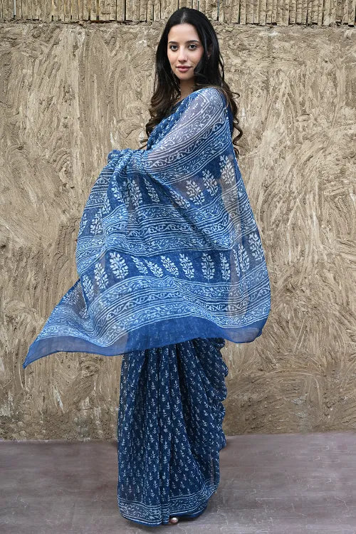 The ICH Dabu Vibes : Hand Block Printed Kota Doria Saree - Meghbel