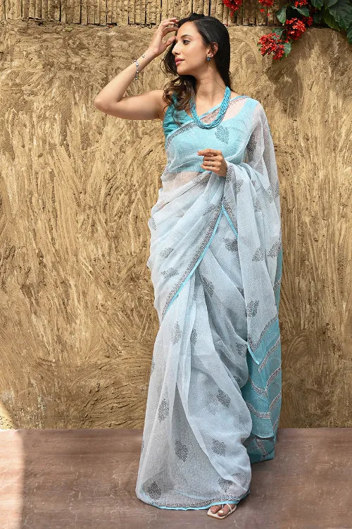The ICH Sanganer Summers : Hand Block Printed Kota Doria Saree - Neel Dhawal