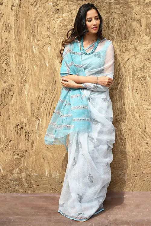 The ICH Sanganer Summers : Hand Block Printed Kota Doria Saree - Neel Dhawal