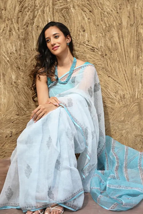 The ICH Sanganer Summers : Hand Block Printed Kota Doria Saree - Neel Dhawal