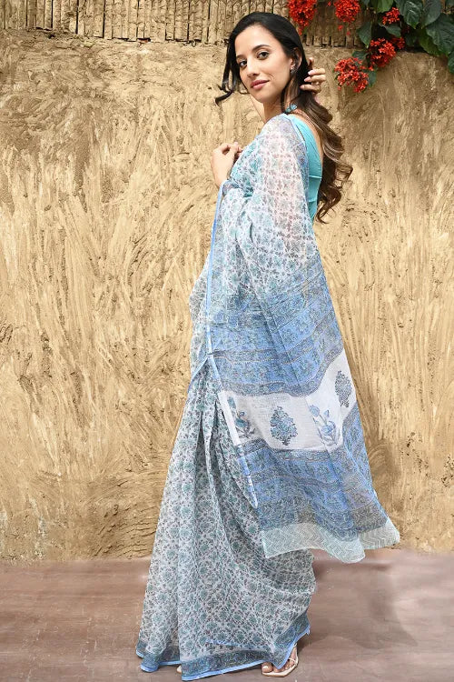 The ICH Sanganer Summers : Hand Block Printed Kota Doria Saree - Turquoise Jaal