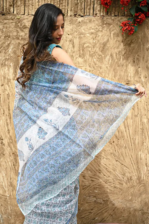 The ICH Sanganer Summers : Hand Block Printed Kota Doria Saree - Turquoise Jaal