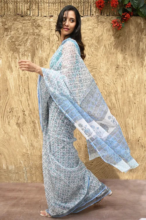 The ICH Sanganer Summers : Hand Block Printed Kota Doria Saree - Turquoise Jaal