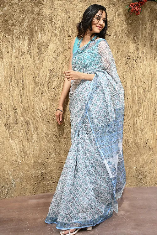 The ICH Sanganer Summers : Hand Block Printed Kota Doria Saree - Turquoise Jaal
