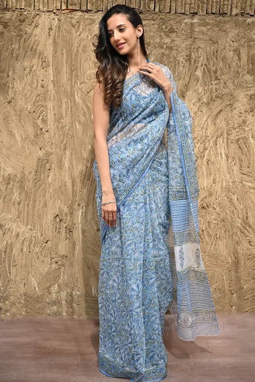 The ICH Sanganer Summers : Hand Block Printed Kota Doria Saree - Bel Jarokha