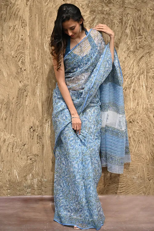 The ICH Sanganer Summers : Hand Block Printed Kota Doria Saree - Bel Jarokha