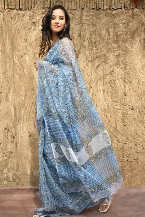 The ICH Sanganer Summers : Hand Block Printed Kota Doria Saree - Bel Jarokha