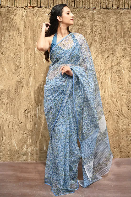 The ICH Sanganer Summers : Hand Block Printed Kota Doria Saree - Bel Jarokha