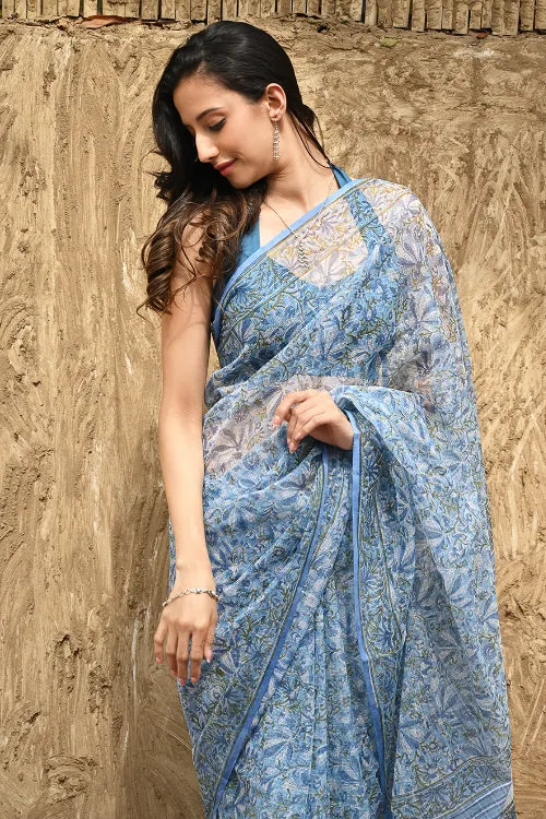 The ICH Sanganer Summers : Hand Block Printed Kota Doria Saree - Bel Jarokha