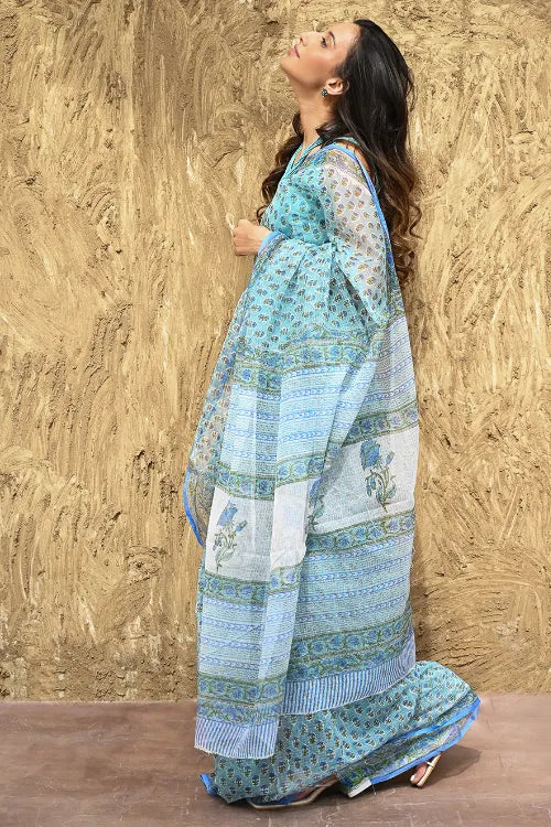 The ICH Sanganer Summers : Hand Block Printed Kota Doria Saree - Jal Butti
