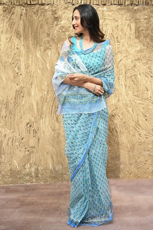 The ICH Sanganer Summers : Hand Block Printed Kota Doria Saree - Jal Butti