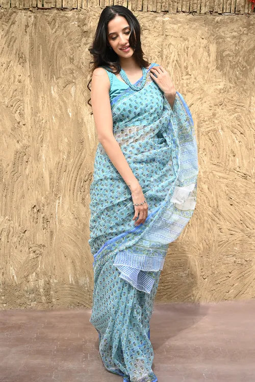 The ICH Sanganer Summers : Hand Block Printed Kota Doria Saree - Jal Butti