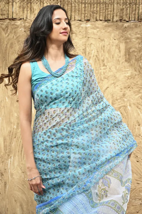 The ICH Sanganer Summers : Hand Block Printed Kota Doria Saree - Jal Butti