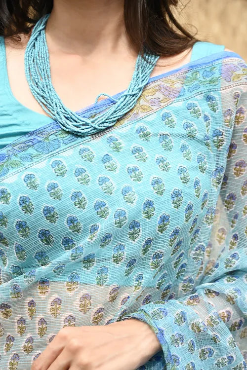 The ICH Sanganer Summers : Hand Block Printed Kota Doria Saree - Jal Butti