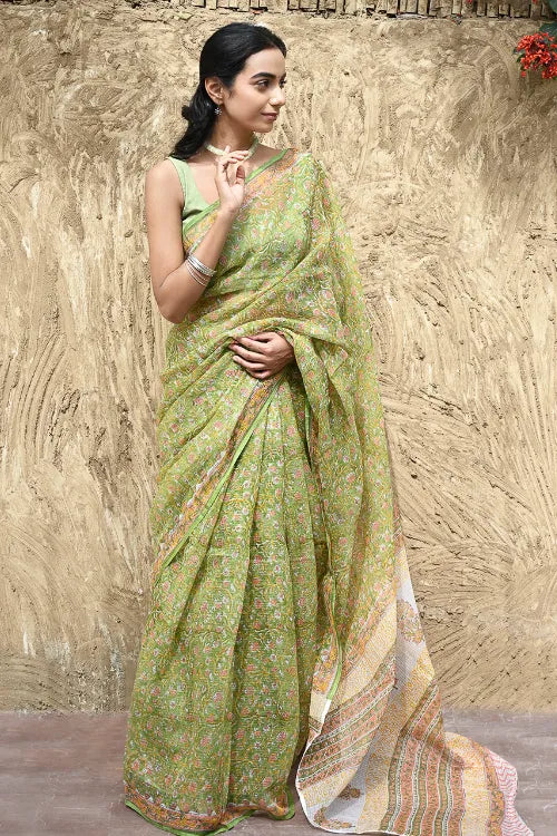 The ICH Sanganer Summers : Hand Block Printed Kota Doria Saree - Shalimar Bagh