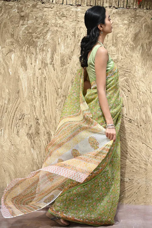 The ICH Sanganer Summers : Hand Block Printed Kota Doria Saree - Shalimar Bagh
