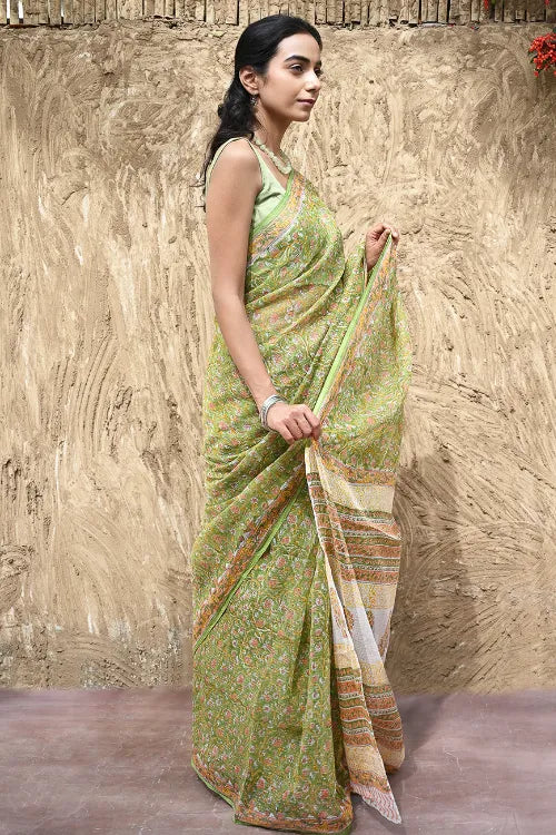 The ICH Sanganer Summers : Hand Block Printed Kota Doria Saree - Shalimar Bagh