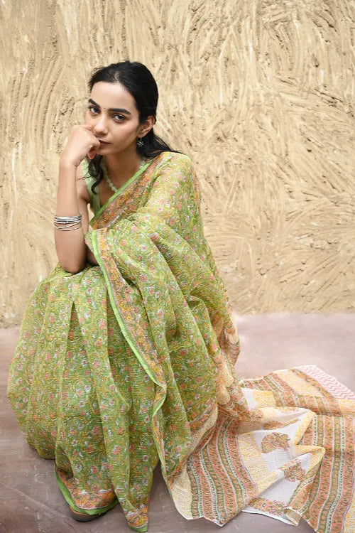 The ICH Sanganer Summers : Hand Block Printed Kota Doria Saree - Shalimar Bagh