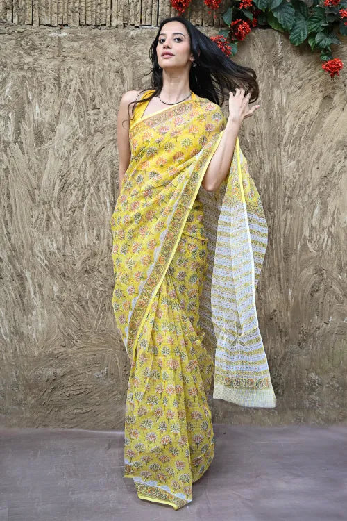 The ICH Sanganer Summers : Hand Block Printed Kota Doria Saree - Basant Phoolvan