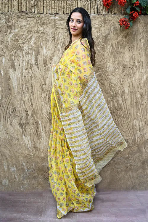 The ICH Sanganer Summers : Hand Block Printed Kota Doria Saree - Basant Phoolvan