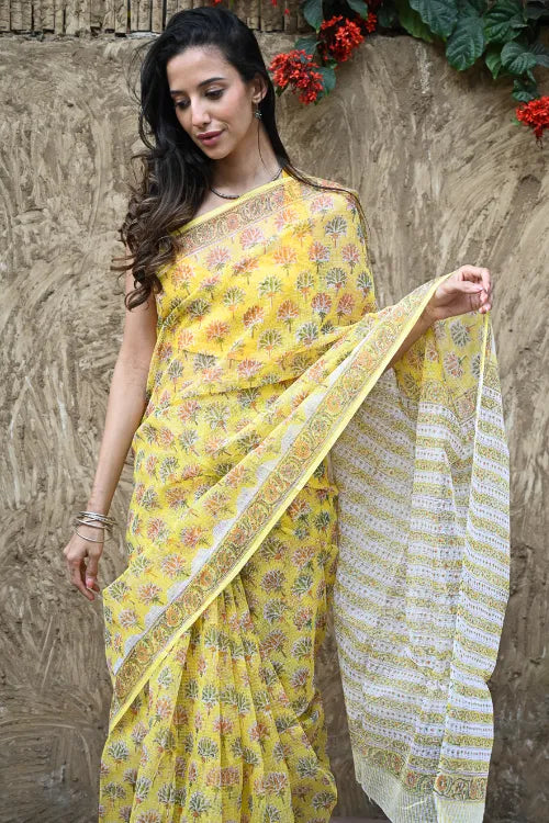 The ICH Sanganer Summers : Hand Block Printed Kota Doria Saree - Basant Phoolvan