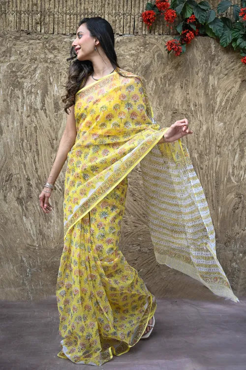 The ICH Sanganer Summers : Hand Block Printed Kota Doria Saree - Basant Phoolvan
