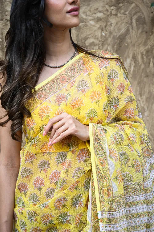 The ICH Sanganer Summers : Hand Block Printed Kota Doria Saree - Basant Phoolvan