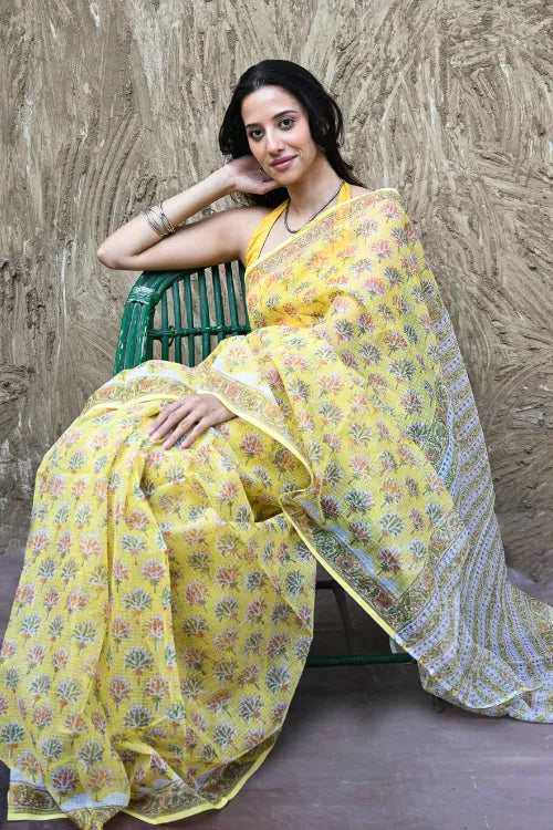 The ICH Sanganer Summers : Hand Block Printed Kota Doria Saree - Basant Phoolvan