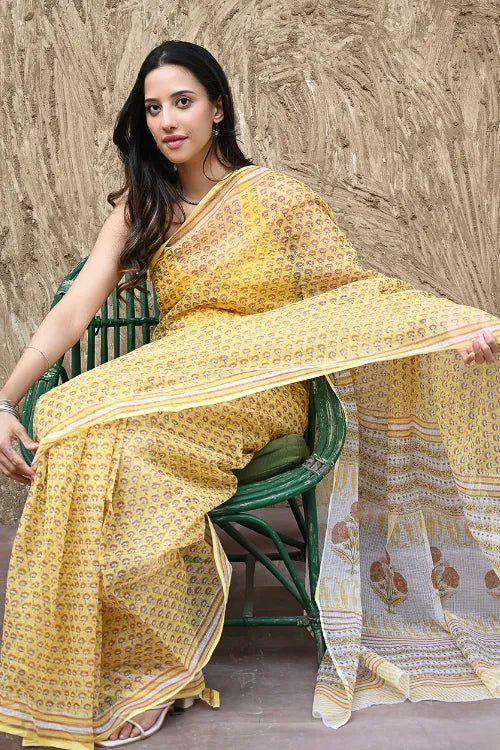 The ICH Sanganer Summers : Hand Block Printed Kota Doria Saree - Hald Butaangan