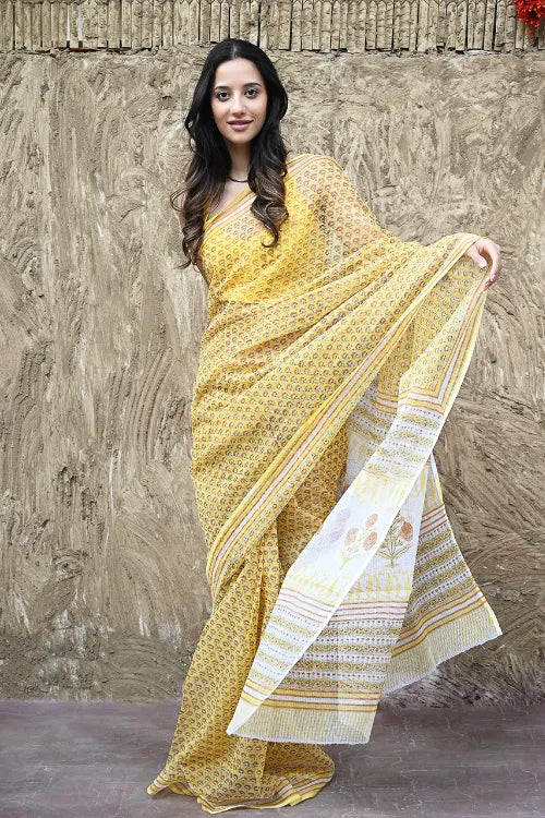 The ICH Sanganer Summers : Hand Block Printed Kota Doria Saree - Hald Butaangan