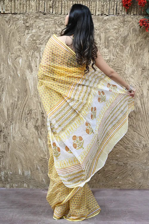 The ICH Sanganer Summers : Hand Block Printed Kota Doria Saree - Hald Butaangan