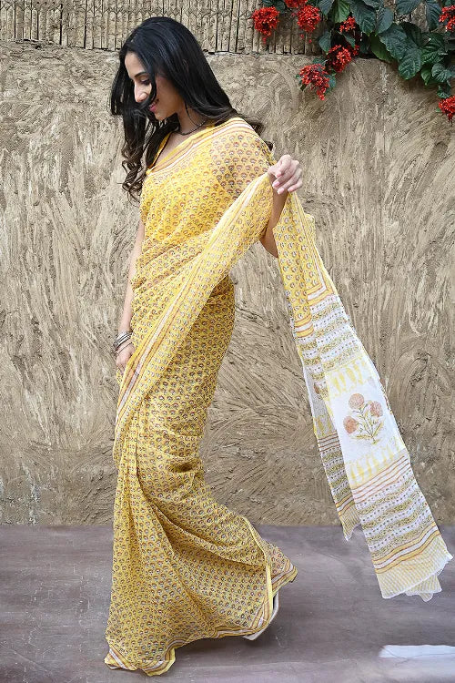 The ICH Sanganer Summers : Hand Block Printed Kota Doria Saree - Hald Butaangan