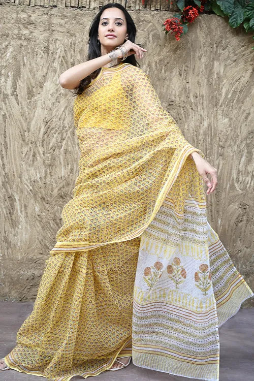 The ICH Sanganer Summers : Hand Block Printed Kota Doria Saree - Hald Butaangan
