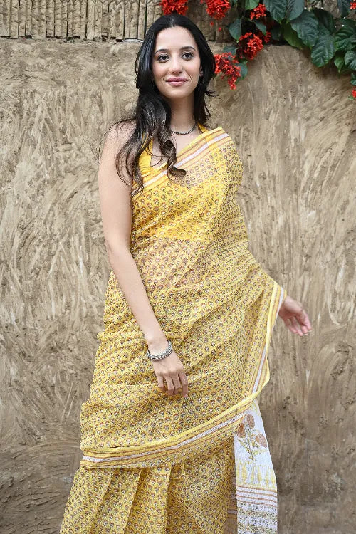 The ICH Sanganer Summers : Hand Block Printed Kota Doria Saree - Hald Butaangan