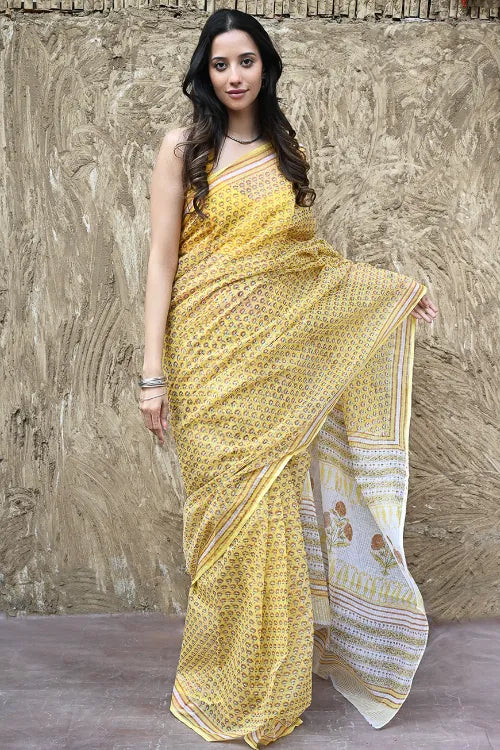 The ICH Sanganer Summers : Hand Block Printed Kota Doria Saree - Hald Butaangan