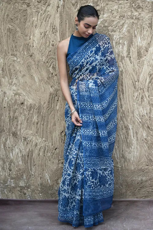 The ICH Sanganer Summers : Hand Block Printed Kota Doria Saree - Indigo Maple