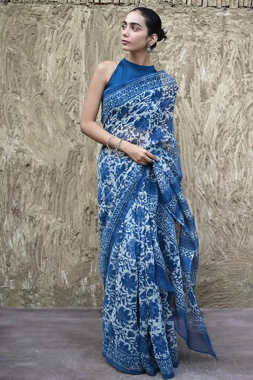 The ICH Sanganer Summers : Hand Block Printed Kota Doria Saree - Indigo Maple