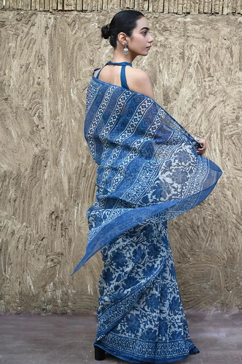 The ICH Sanganer Summers : Hand Block Printed Kota Doria Saree - Indigo Maple