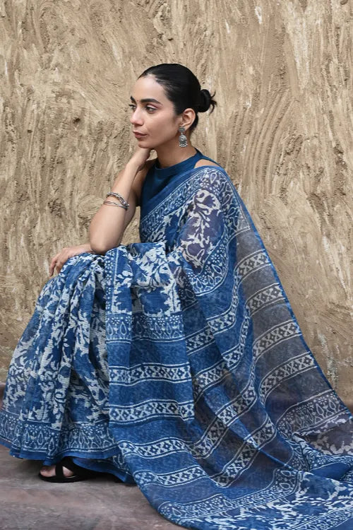 The ICH Sanganer Summers : Hand Block Printed Kota Doria Saree - Indigo Maple