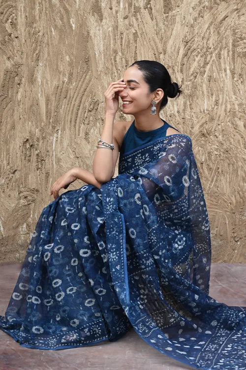 The ICH Sanganer Summers : Hand Block Printed Kota Doria Saree - Indigo Daisy Field