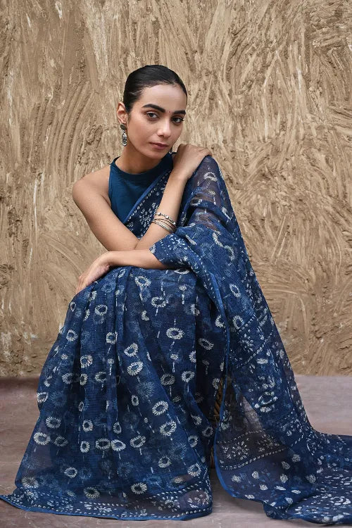 The ICH Sanganer Summers : Hand Block Printed Kota Doria Saree - Indigo Daisy Field