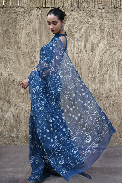 The ICH Sanganer Summers : Hand Block Printed Kota Doria Saree - Indigo Daisy Field
