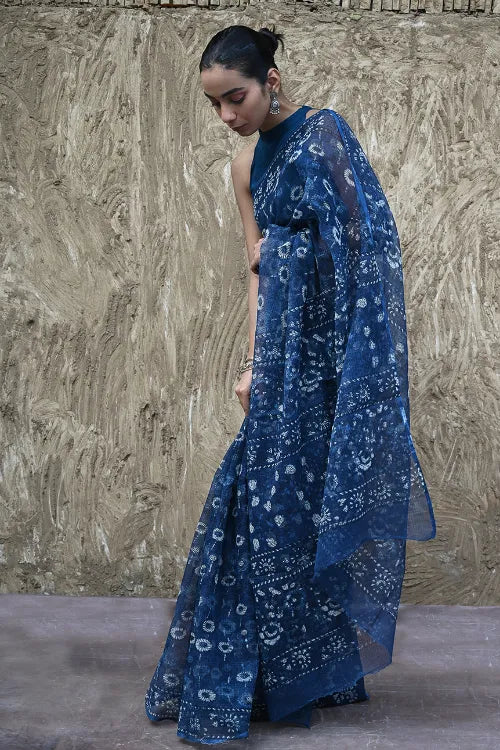 The ICH Sanganer Summers : Hand Block Printed Kota Doria Saree - Indigo Daisy Field
