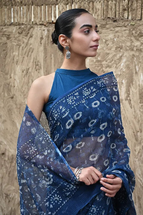 The ICH Sanganer Summers : Hand Block Printed Kota Doria Saree - Indigo Daisy Field