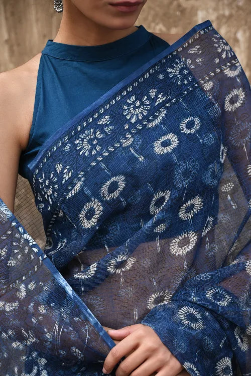 The ICH Sanganer Summers : Hand Block Printed Kota Doria Saree - Indigo Daisy Field