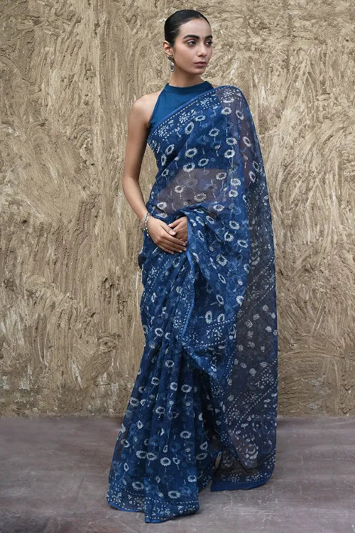 The ICH Sanganer Summers : Hand Block Printed Kota Doria Saree - Indigo Daisy Field