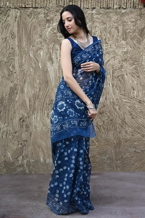 The ICH Sanganer Summers : Hand Block Printed Kota Doria Saree - Indigo Roses