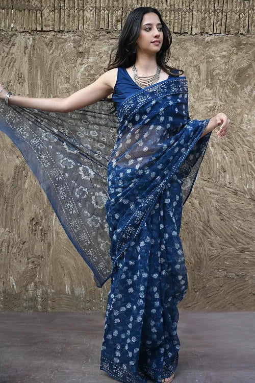 The ICH Sanganer Summers : Hand Block Printed Kota Doria Saree - Indigo Roses